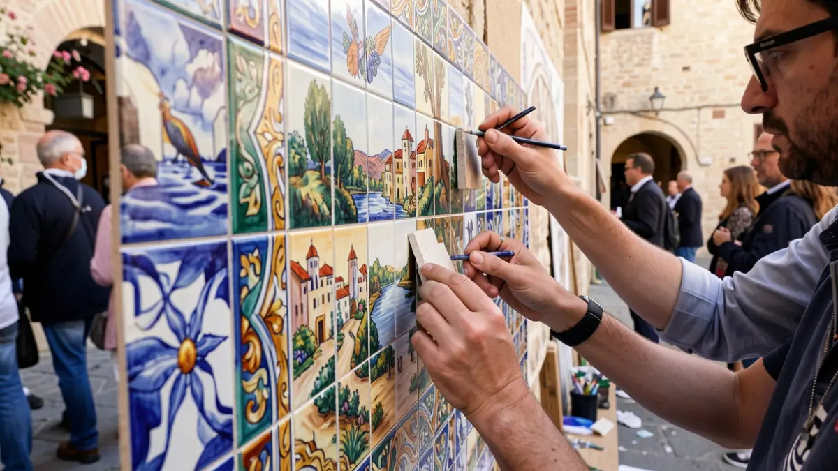 Imatge genèrica d'un mural ceràmic en construcció amb mans participant.