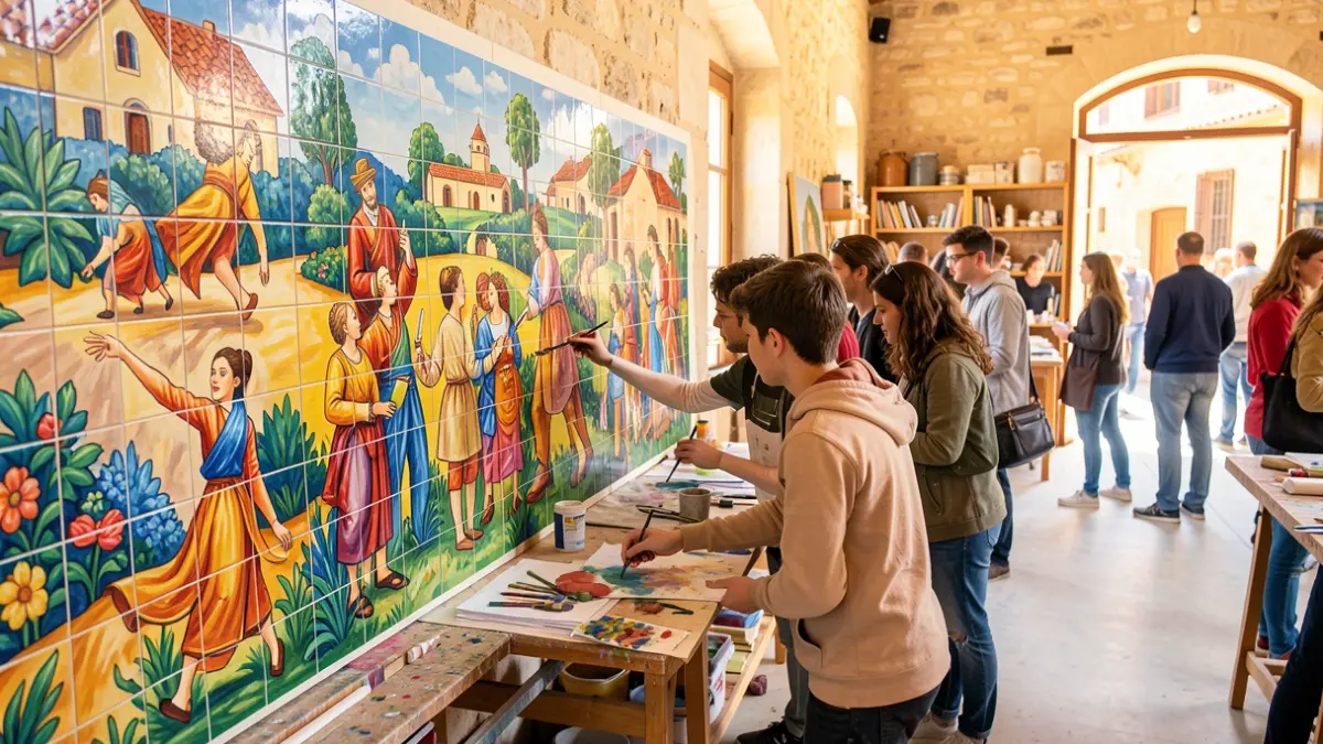 Imatge genèrica d'un mural ceràmic col·laboratiu en un taller.