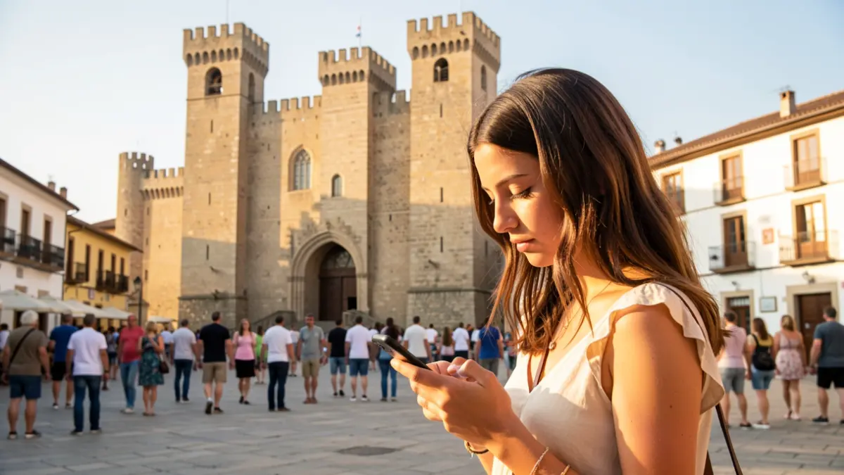 Imatge d'una jove absorta en el seu telèfon mòbil, ignorant la bellesa del Castell d'Onda i el seu casc històric sota el sol d'estiu.