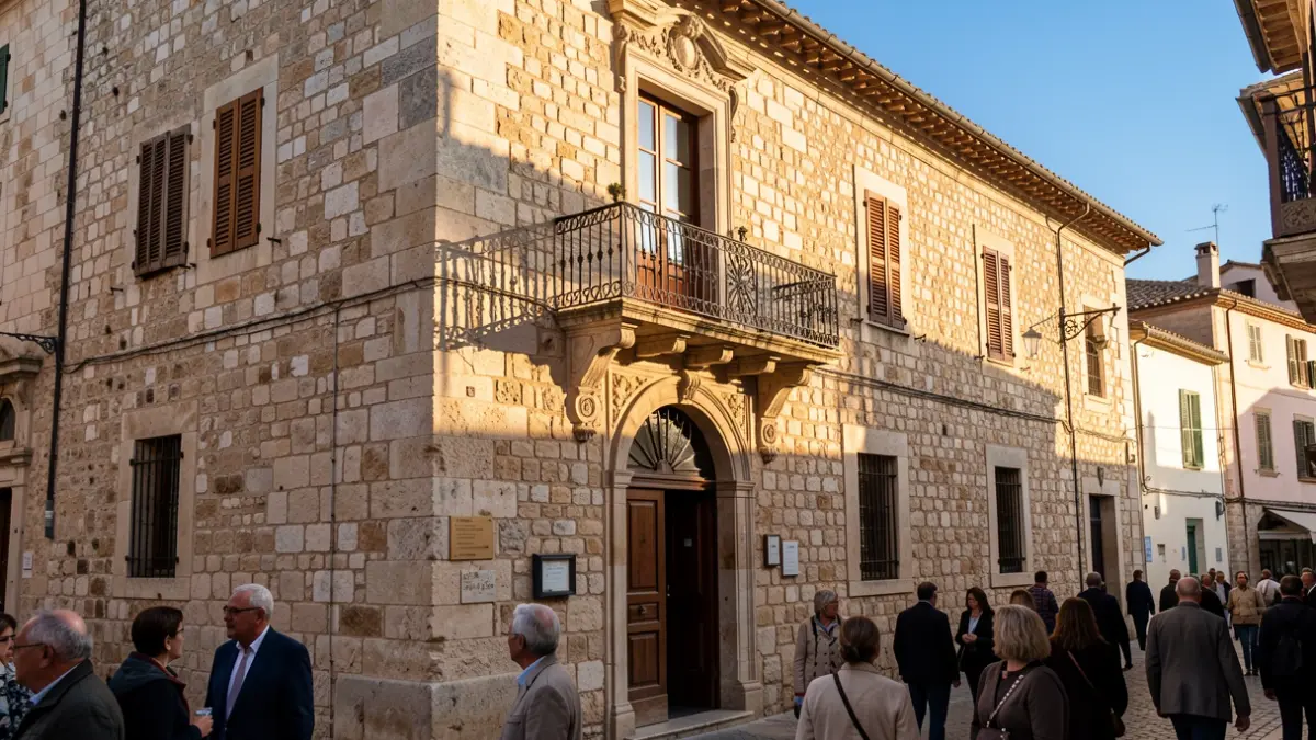 Façana d'un ajuntament tradicional de pedra amb balcó i baranes de ferro, llum càlida de la vesprada.