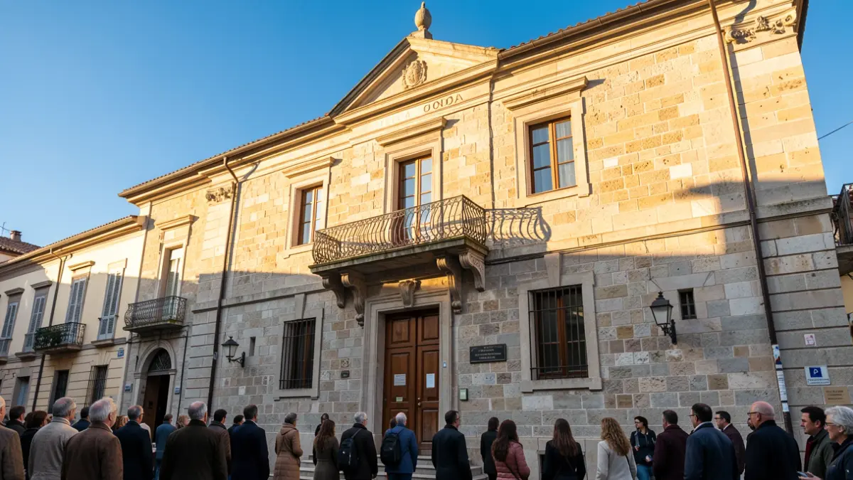 Facade of Onda Town Hall with balcony and sunset lighting.
