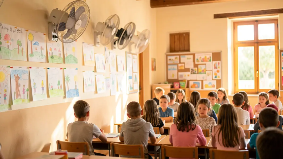 Imatge genèrica d'una aula escolar amb ventiladors instal·lats.