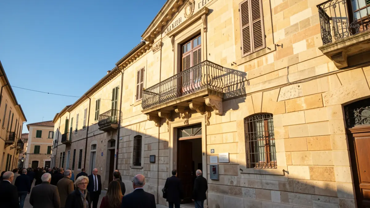 Generic image of a Mediterranean town hall facade with an ornate iron balcony.