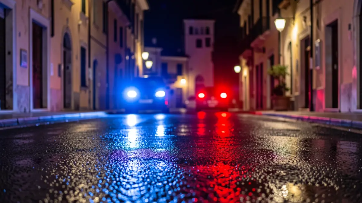 Imatge genèrica de llums d'emergència policial reflectides en l'asfalt.
