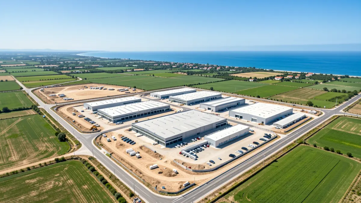 Aerial view of a large industrial park under construction in a Mediterranean landscape.