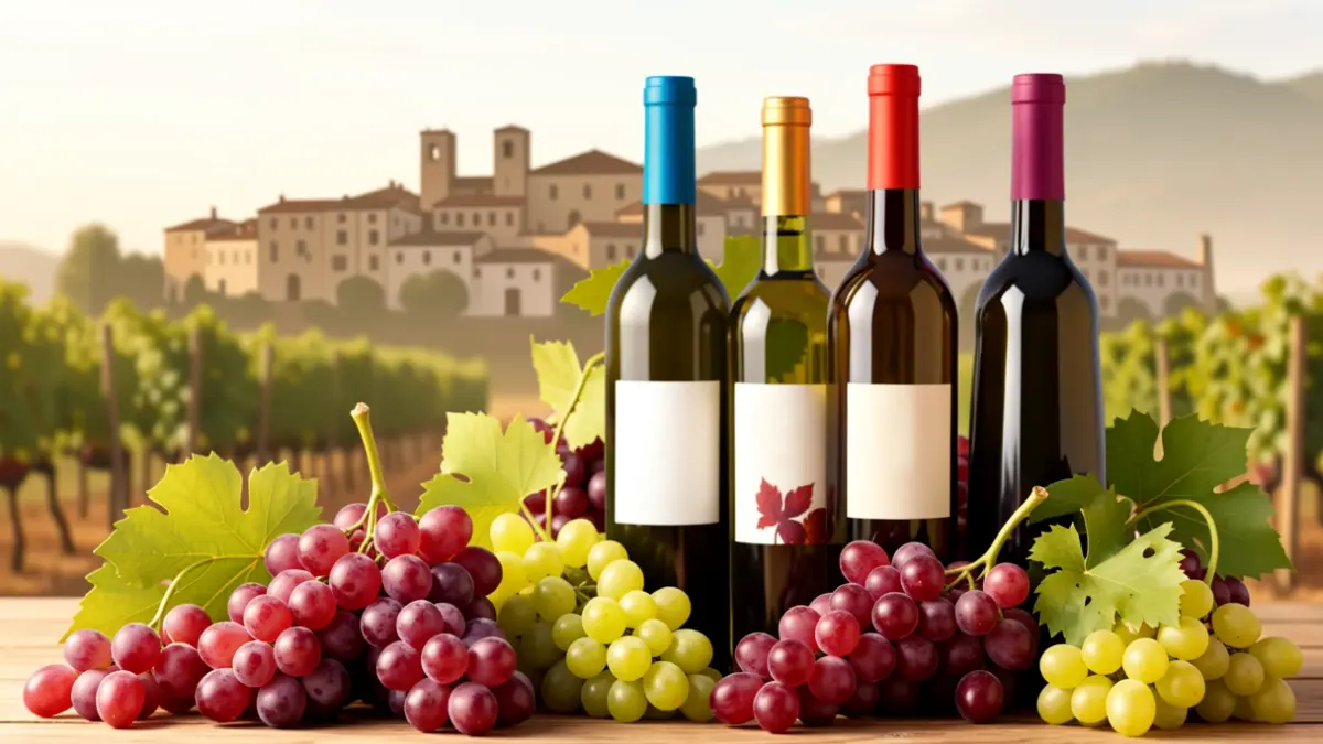 Illustration of grapes and wine bottles with the silhouette of Requena.