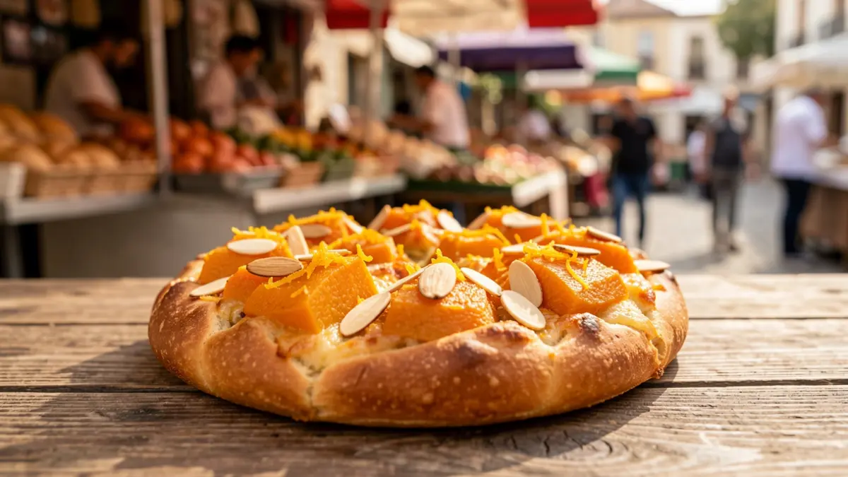 Imatge genèrica d'una coca tradicional valenciana amb carabassa, ametlla i taronja.