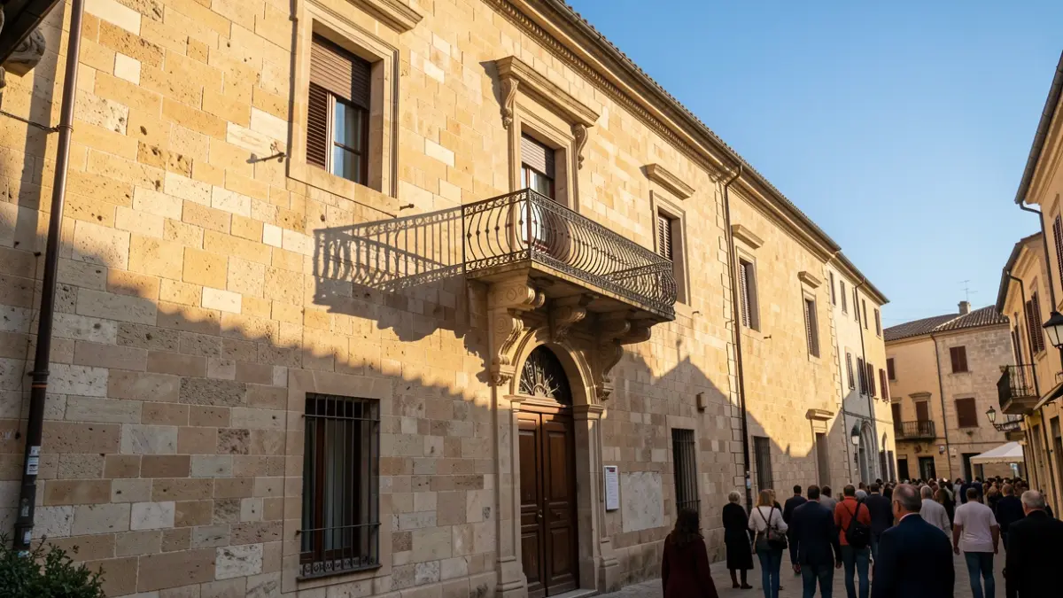 Façana d'un ajuntament mediterrani amb balcó de ferro forjat, llum solar de la vesprada.