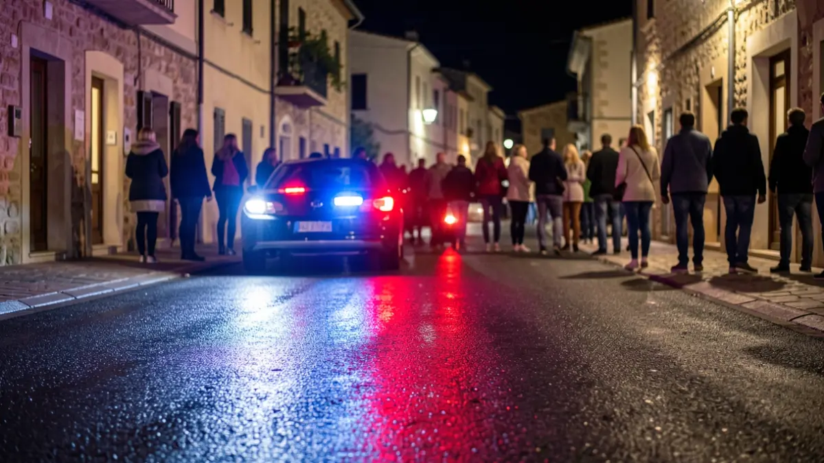 Imagen genérica de luces de emergencia policiales reflejándose en asfalto mojado.