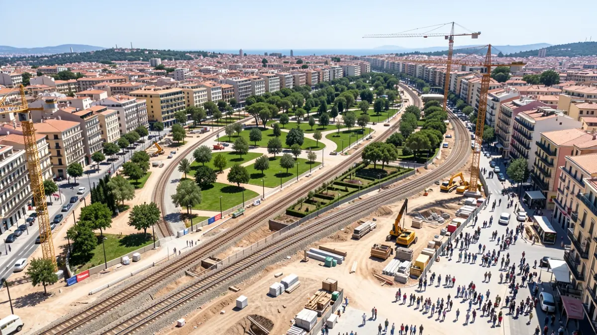 Generic image of urban park construction with railway tracks.