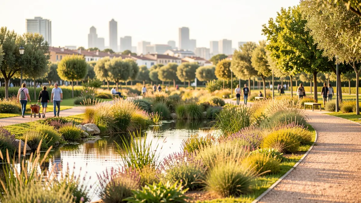 Generic image of an urban park with wetlands and Mediterranean vegetation.