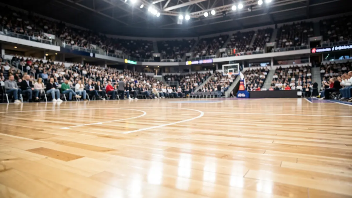 Imagen genérica de un pabellón de baloncesto vacío con luz brillante.