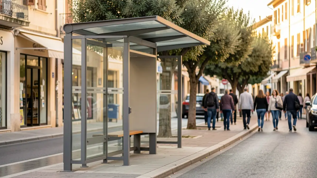 Imatge genèrica d'una parada de bus elèctric en un entorn urbà mediterrani.