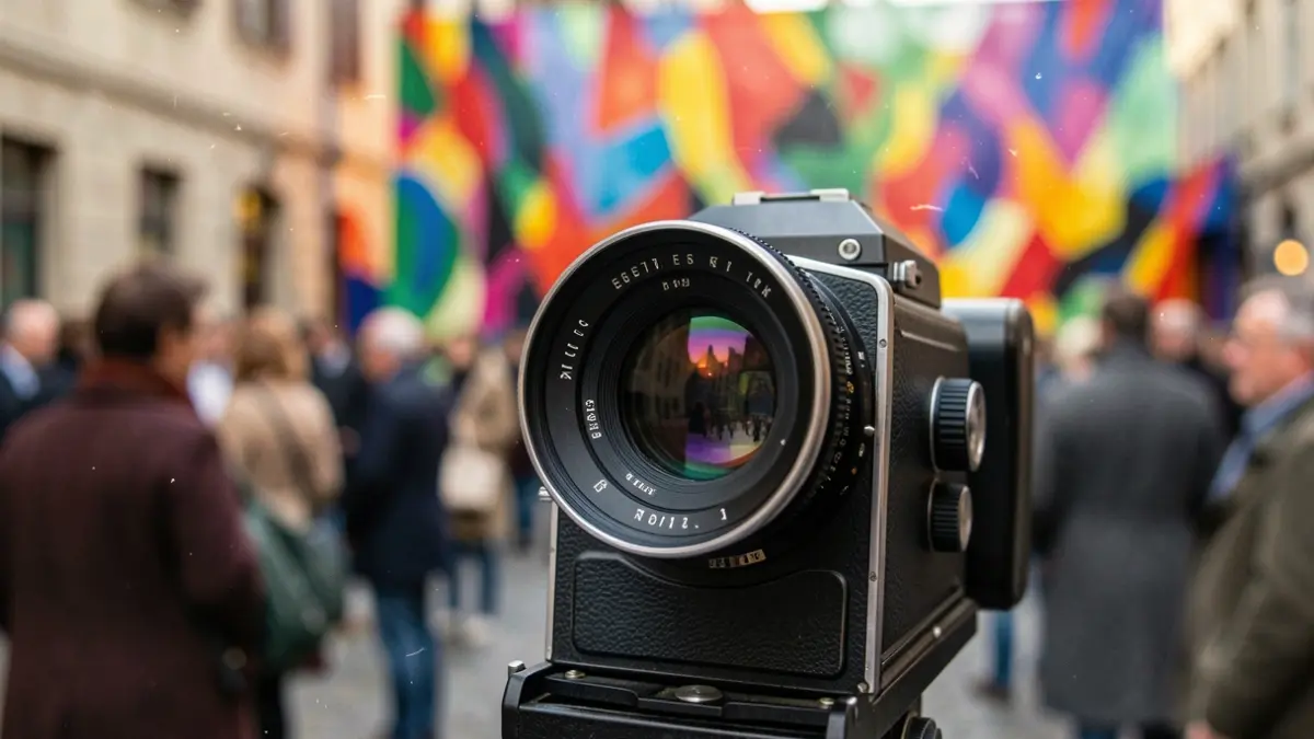 Imagen genérica de un objetivo de cámara de cine antiguo con formas abstractas y luces difuminadas.