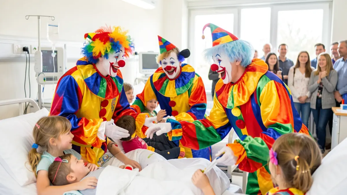 Generic image of clowns interacting with pediatric patients in a hospital setting.
