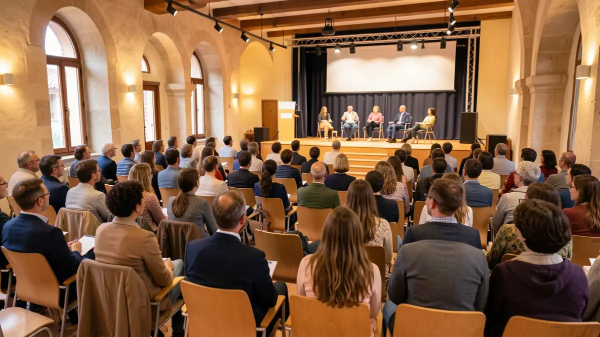 Imatge genèrica d'una conferència sobre educació amb assistents atents.
