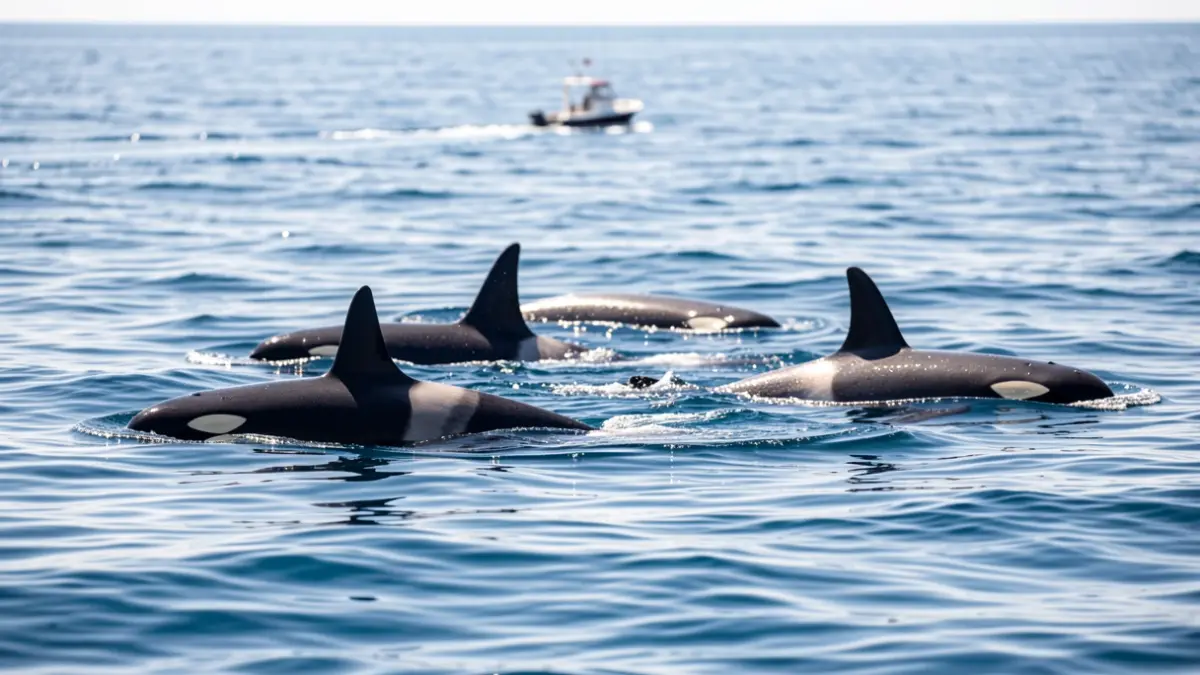 Generic image of orcas swimming in clear ocean waters.