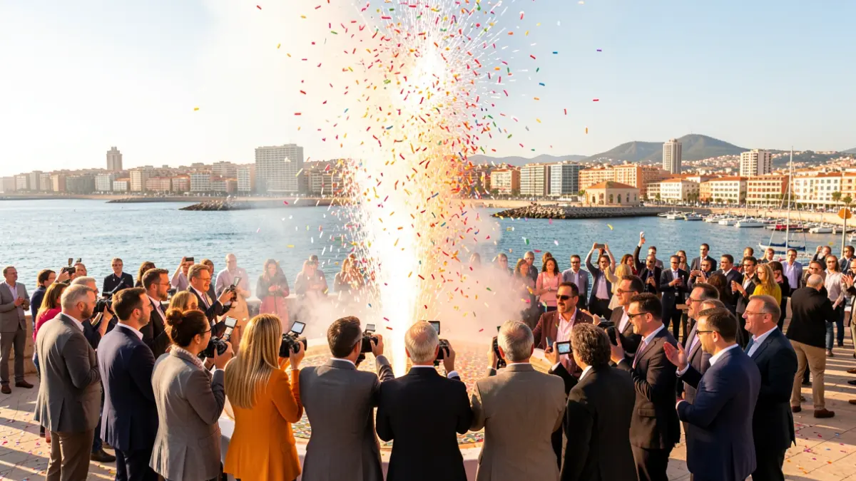 International journalists witnessing a mascletà in Alicante during the Hogueras de San Juan festival.