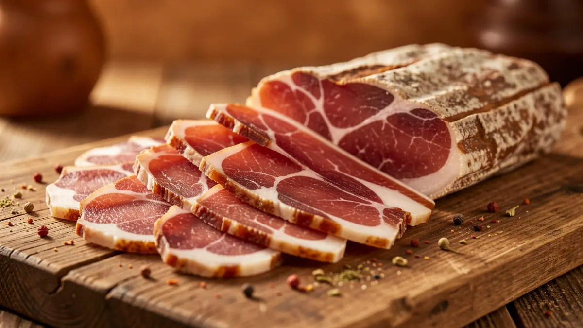 Generic image of thinly sliced artisanal sheep ham.