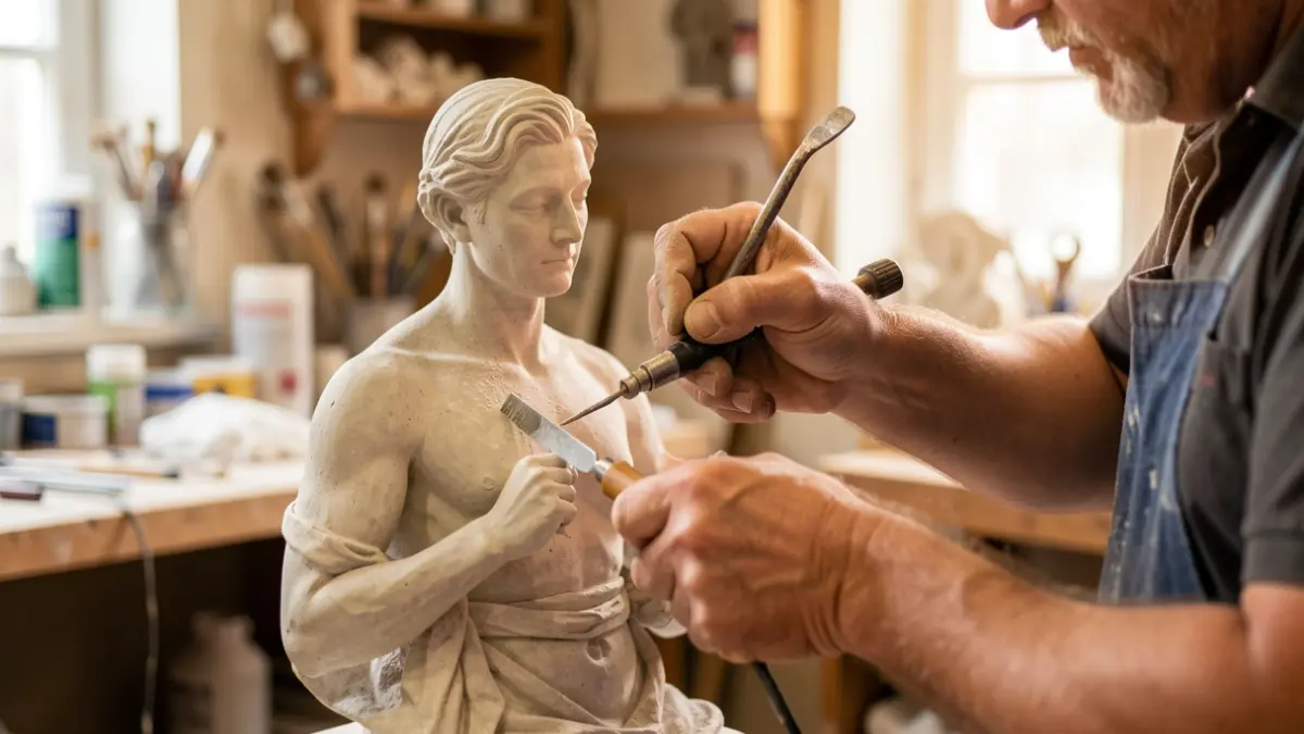Imagen genérica de manos trabajando en una escultura con herramientas especializadas.