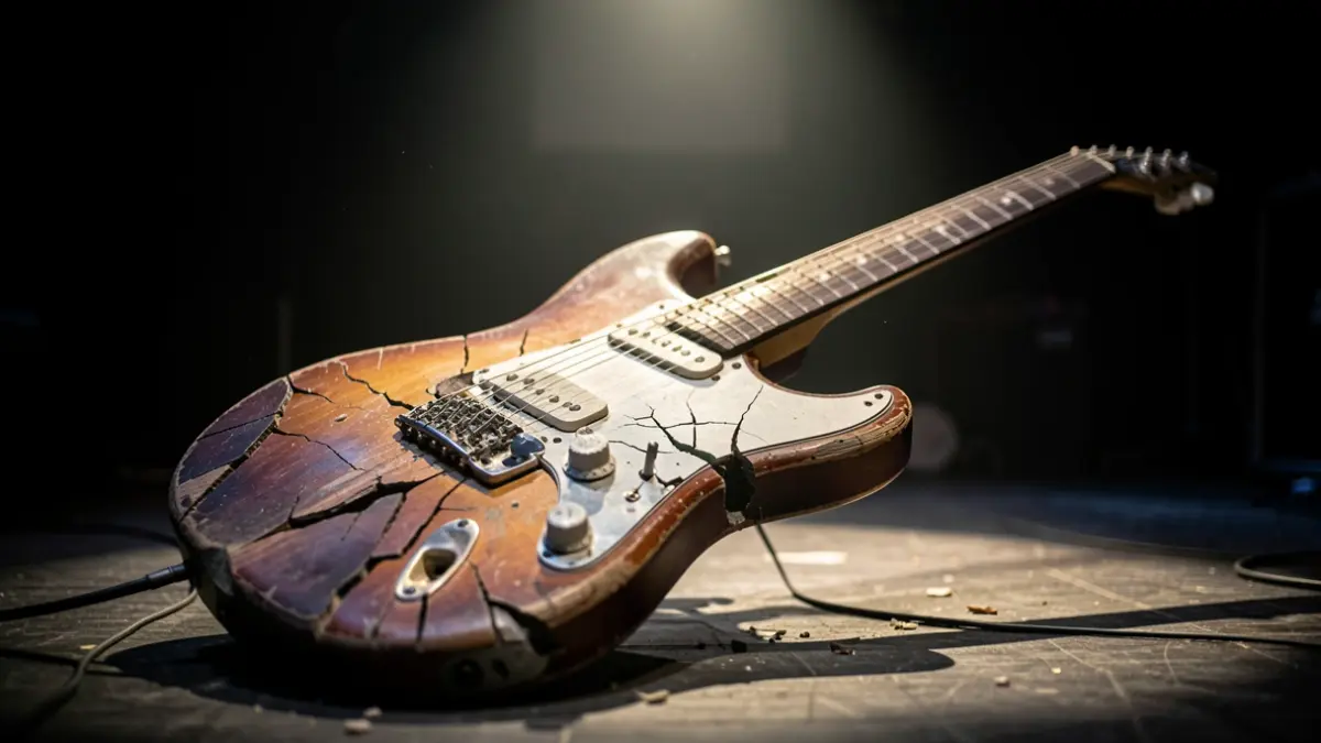 Image of a broken electric guitar on a stage.