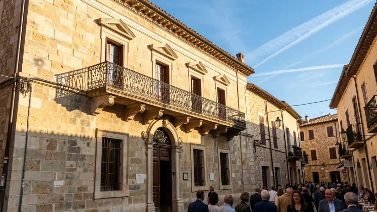 Imagen genérica de la fachada de un ayuntamiento de piedra mediterráneo con balcón.