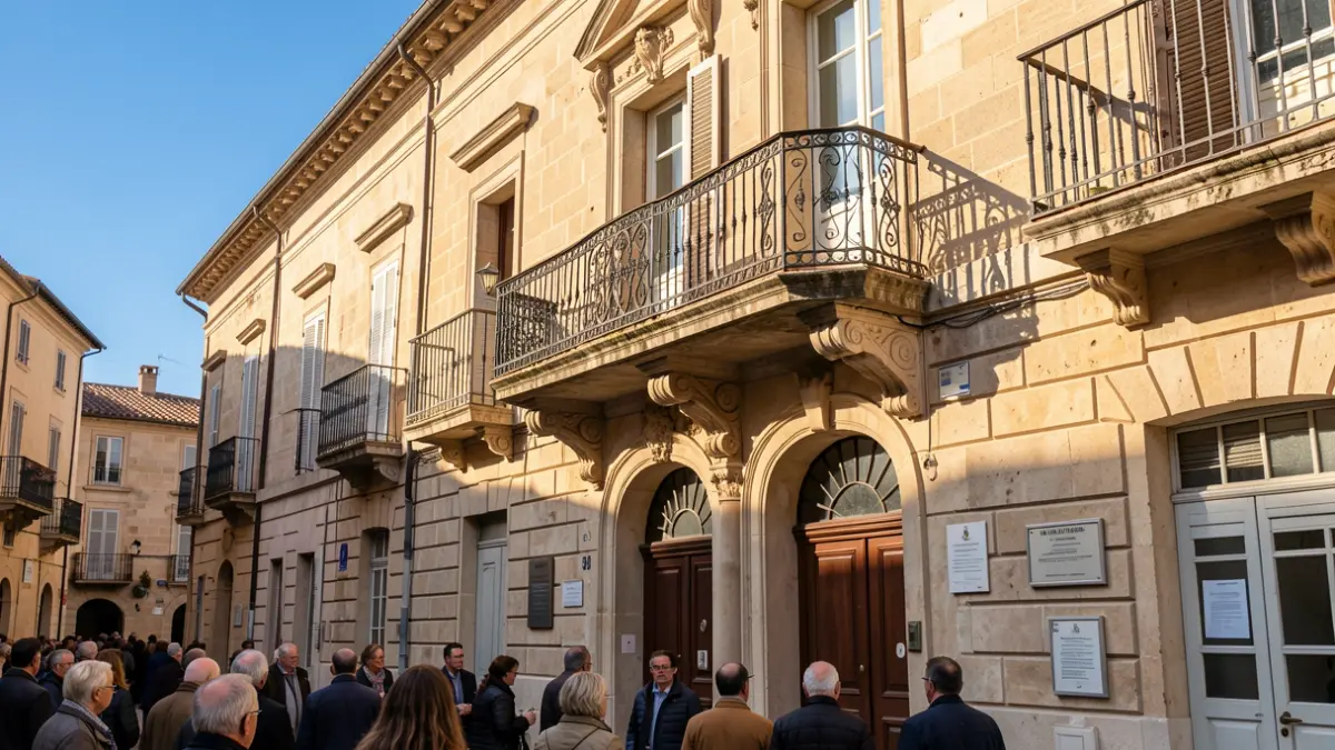 Generic image of a Mediterranean town hall facade with a balcony and iron railings, afternoon light.