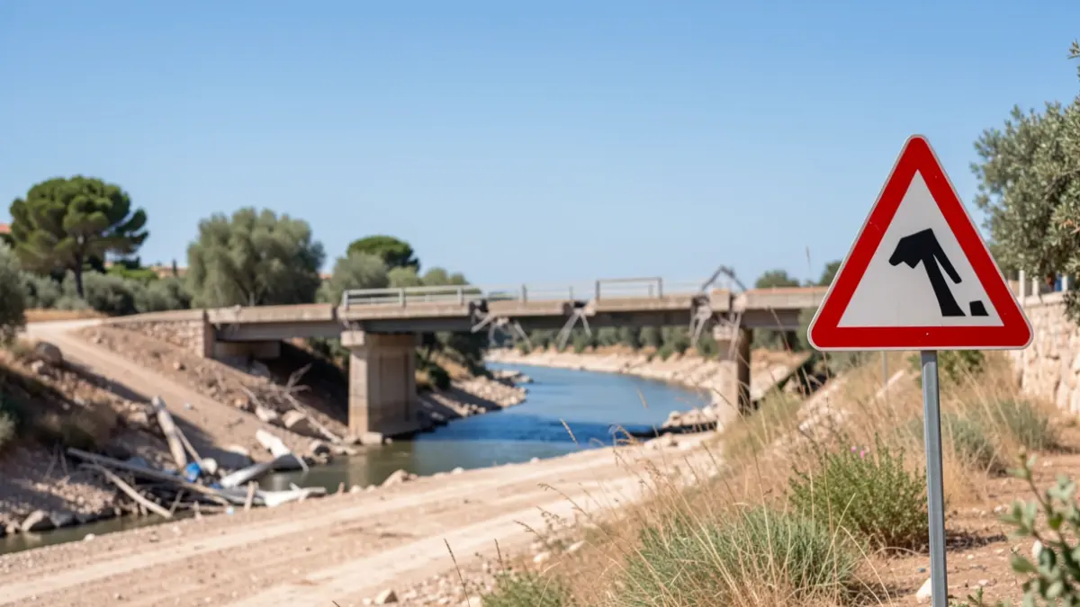 Imatge genèrica d'un pont en obres amb senyalització de desviament.