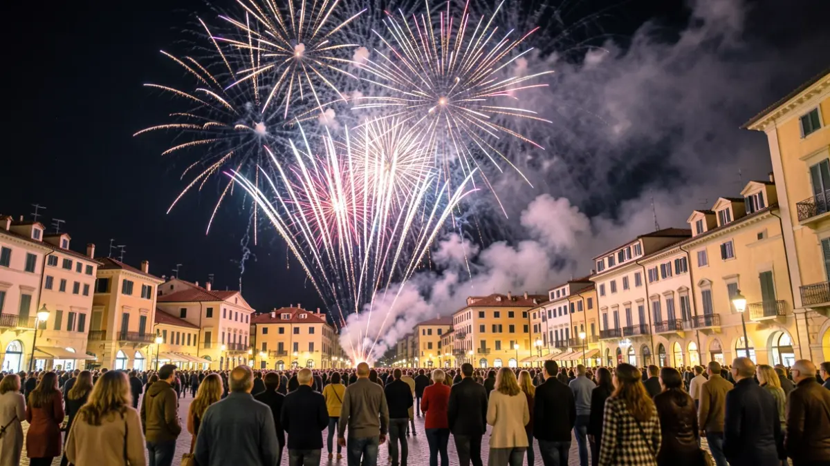 Imagen genérica de un espectáculo pirotécnico nocturno sobre una plaza de ciudad.