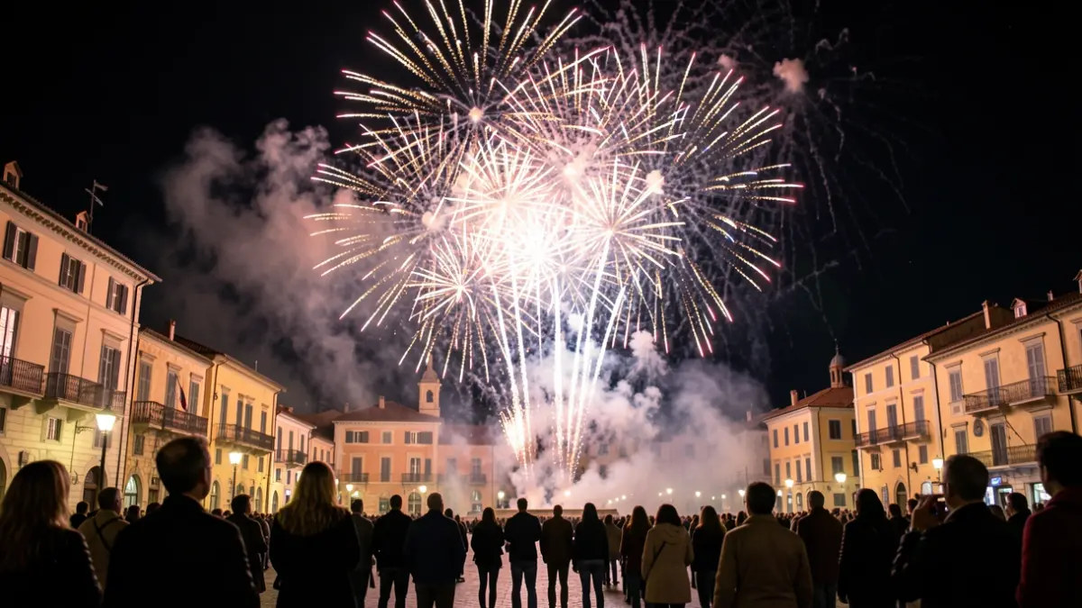 Imagen genérica de un espectáculo pirotécnico nocturno con fuegos artificiales y público al fondo.