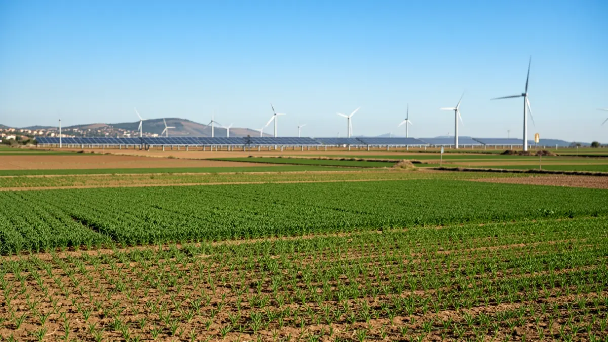 Generic image of agricultural fields with a solar farm in the background.
