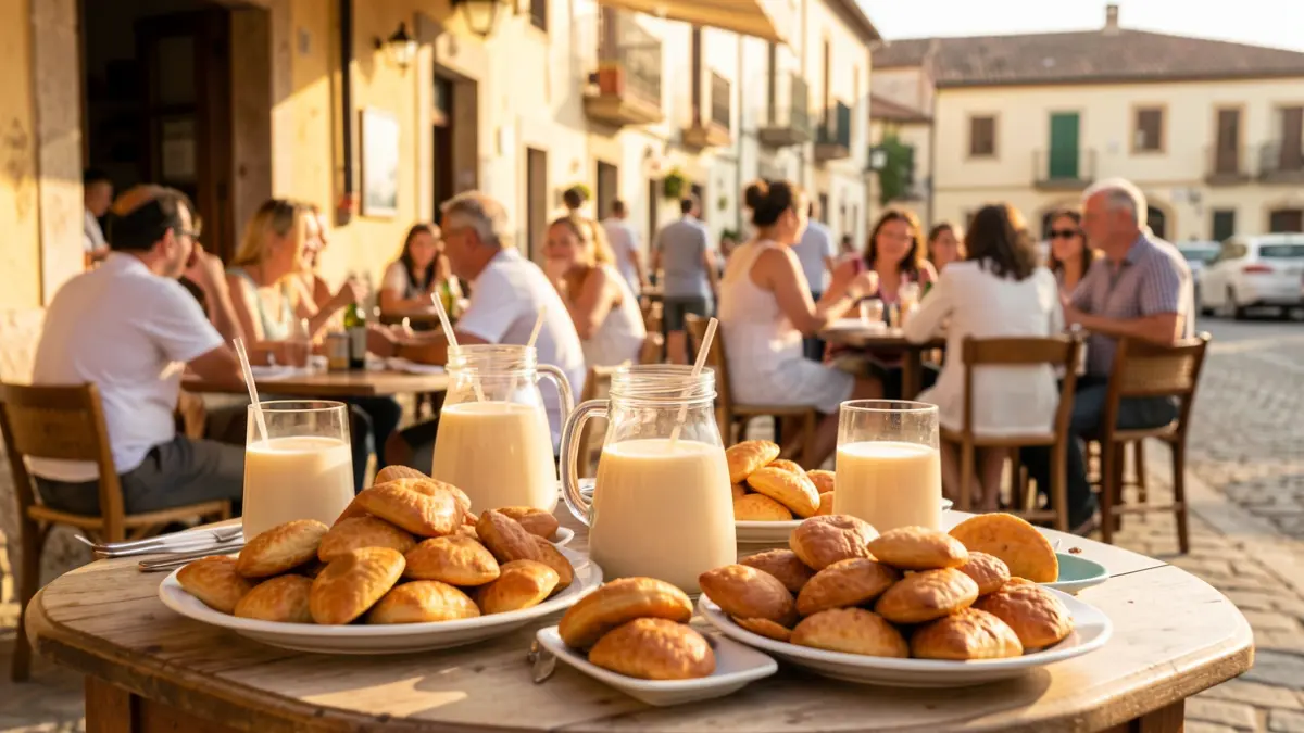 Generic image of a table with horchata and fartons in a Mediterranean setting.