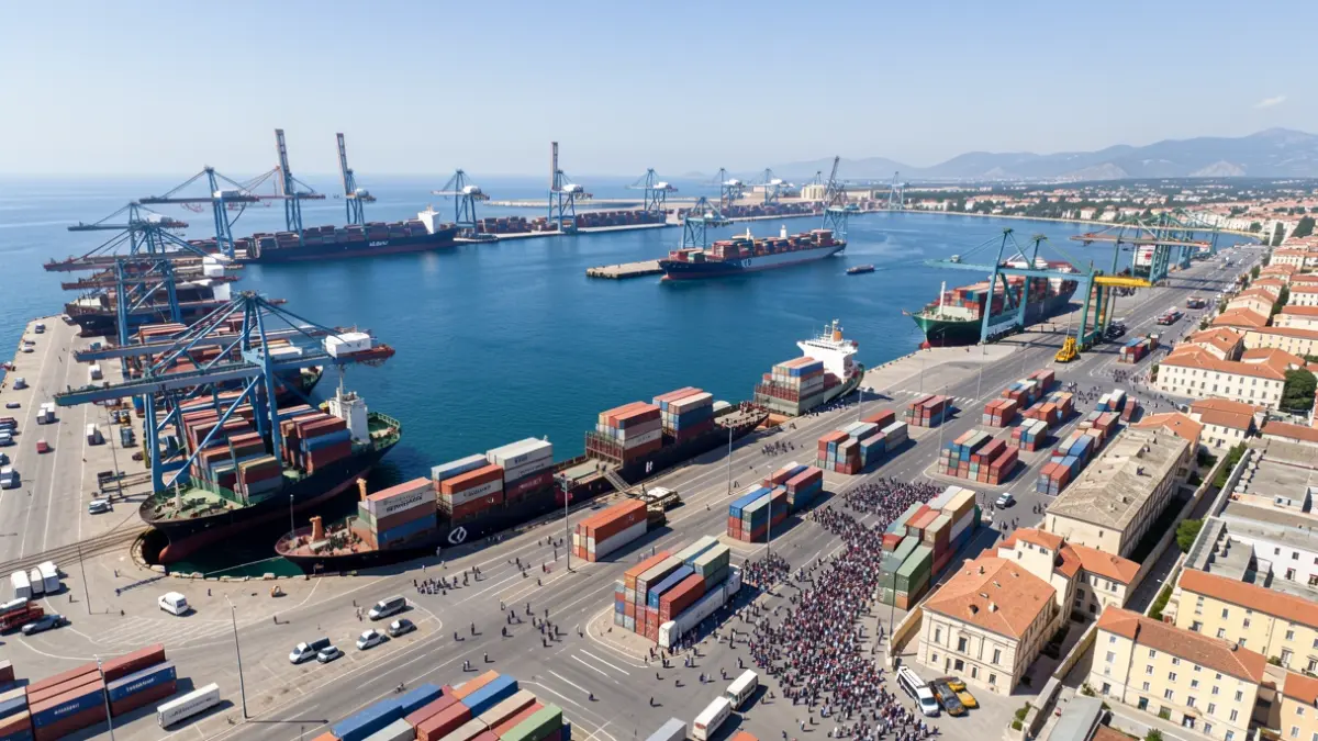 Imagen genérica de un puerto europeo con barcos y grúas.