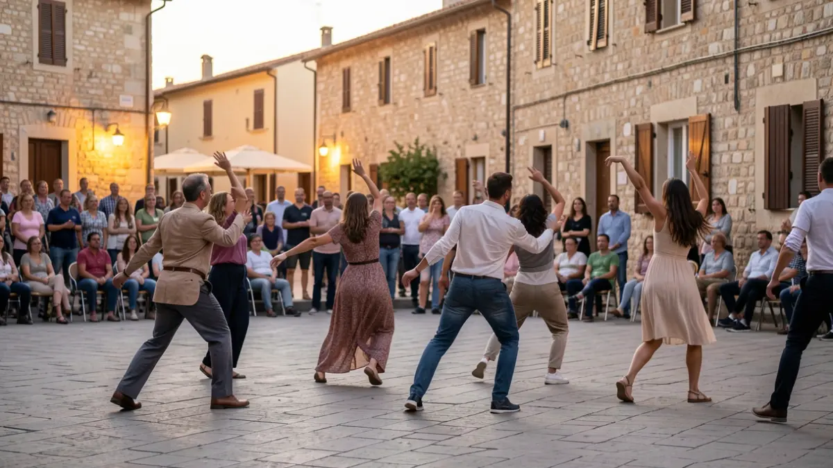 Imagen genérica de una actuación de danza contemporánea en un espacio público mediterráneo.