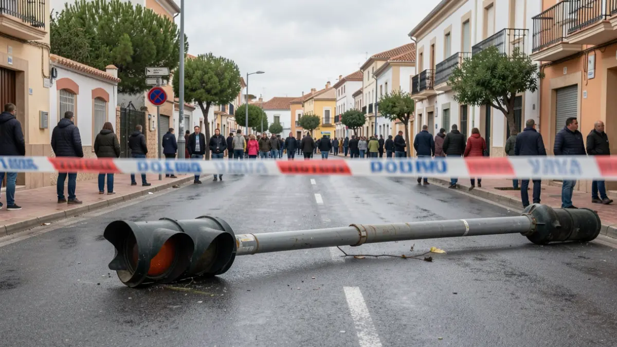 Image of a fallen traffic light on a road in Xàtiva with police tape.