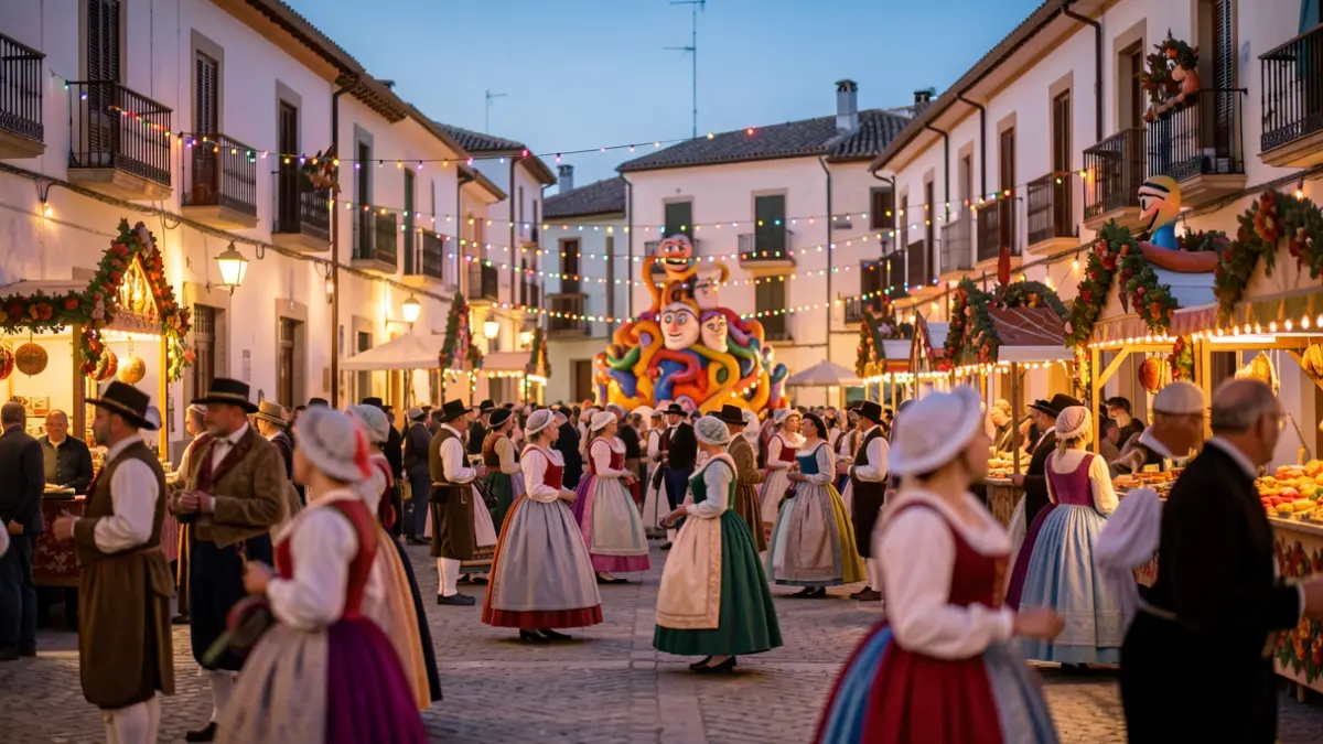 Imagen genérica de una fiesta de Fallas en una plaza mediterránea al atardecer, con figuras difuminadas y luces festivas.