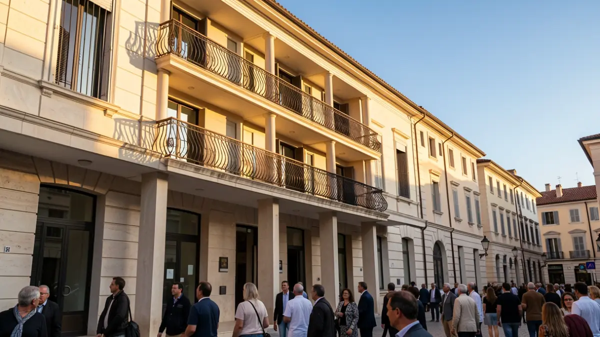 Generic image of a municipal building with a balcony and blue sky.