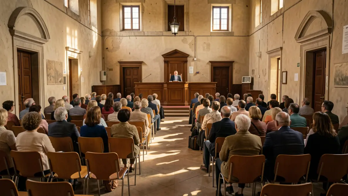 Empty plenary hall of a Mediterranean town hall with empty chairs and the mayor's podium.