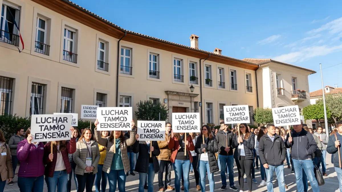 Imagen genérica de profesores y alumnos manifestándose frente a un centro educativo.