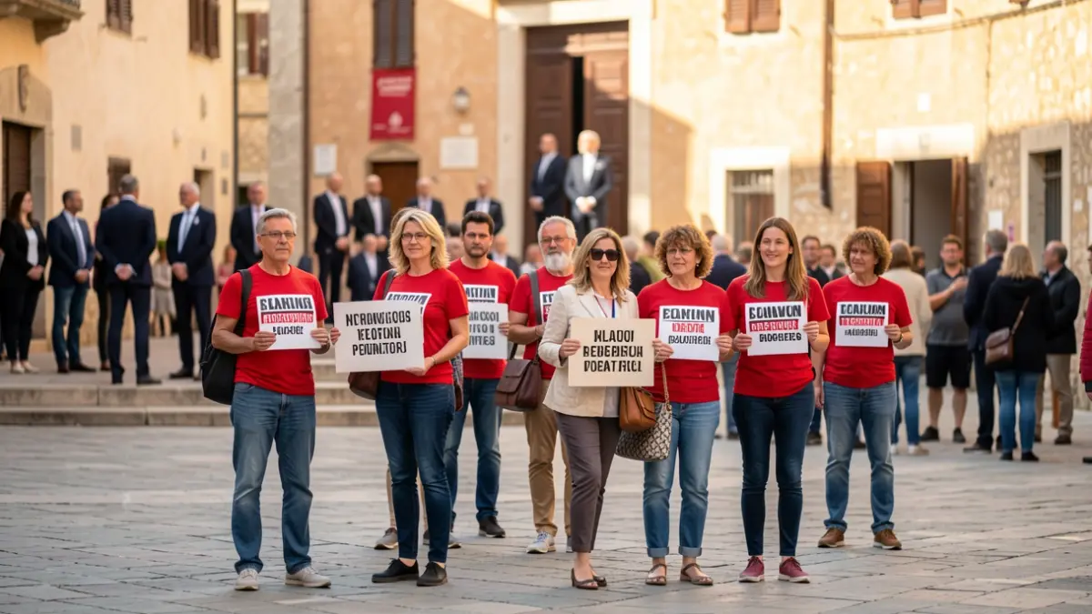 Generic image of teachers protesting in front of a building.