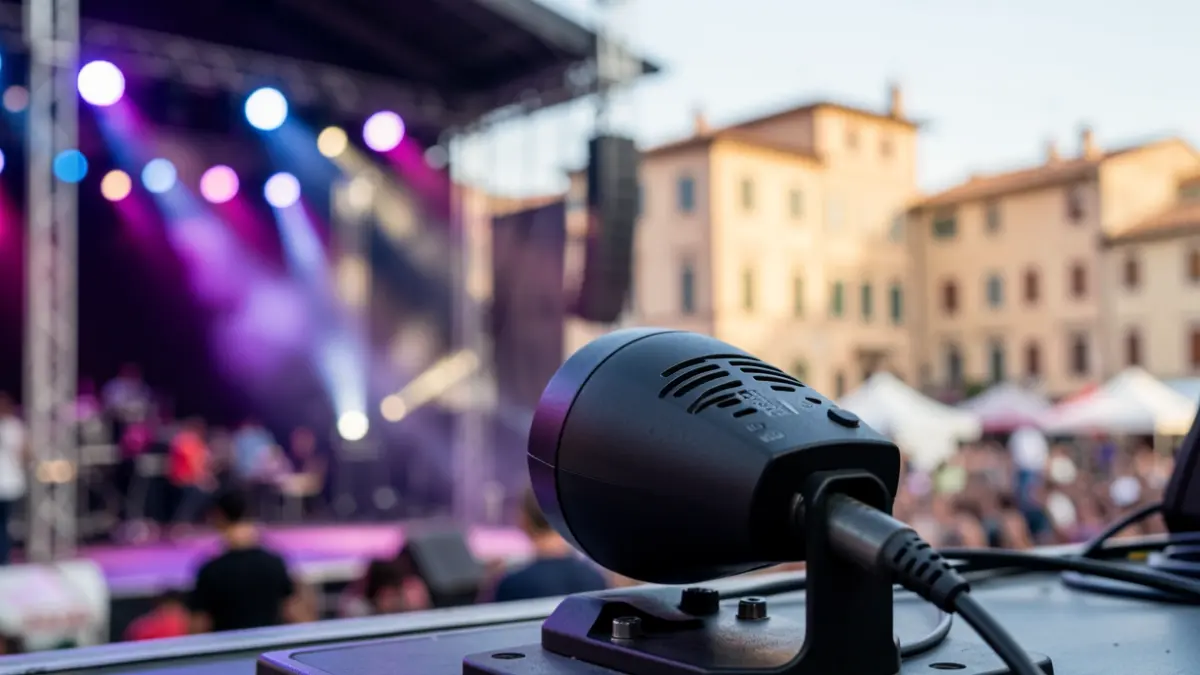Imagen genérica de un limitador de sonido en un escenario de festival con luces de concierto desenfocadas.