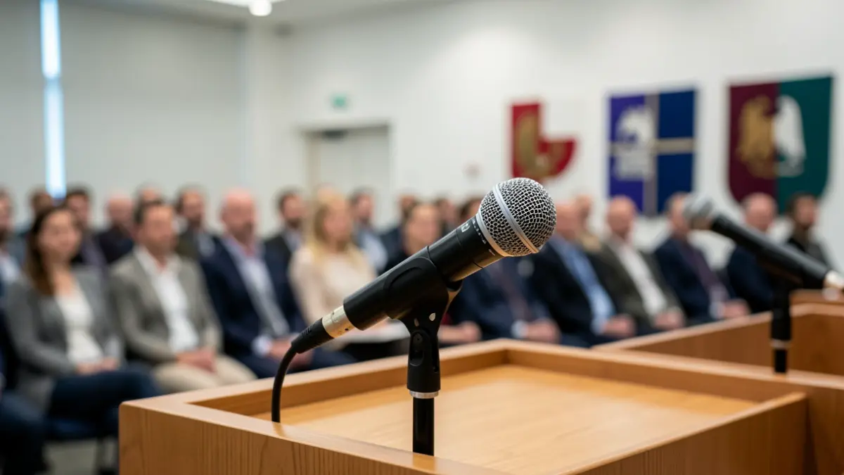 Generic image of a microphone in an institutional room.
