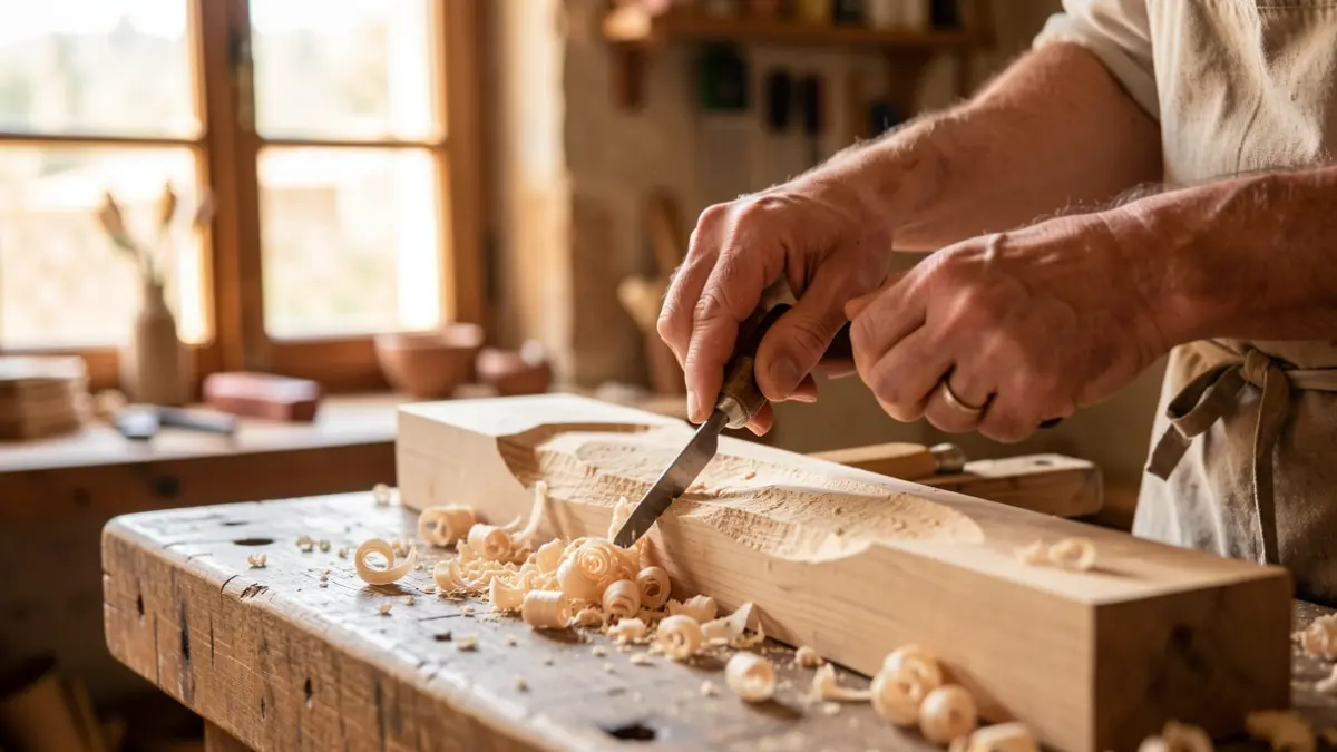 Imagen de unas manos trabajando la madera en un taller artesano.