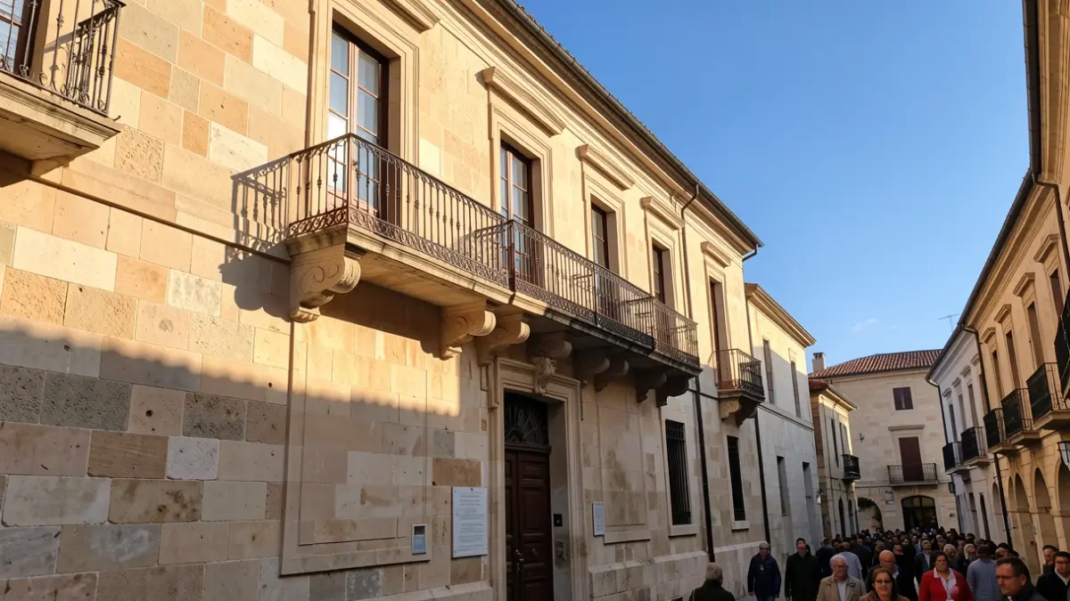 Imatge genèrica d'un edifici municipal amb balcó i sol de vesprada.