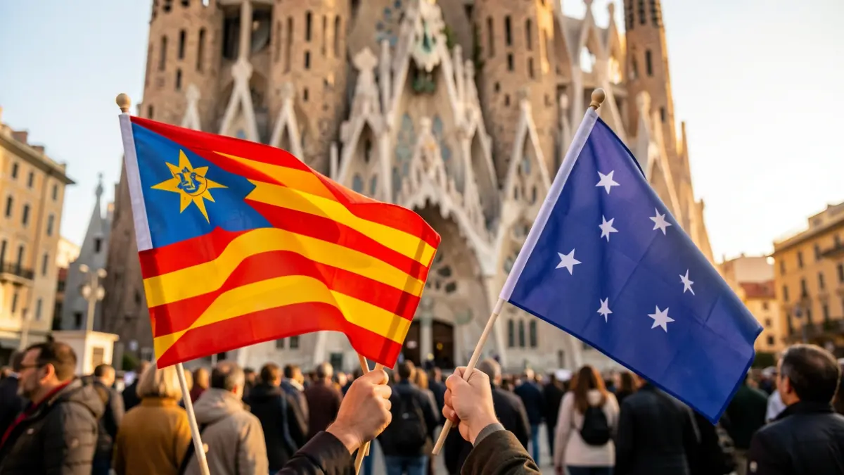 Imatge de la Sagrada Família amb estelades i senyeres.