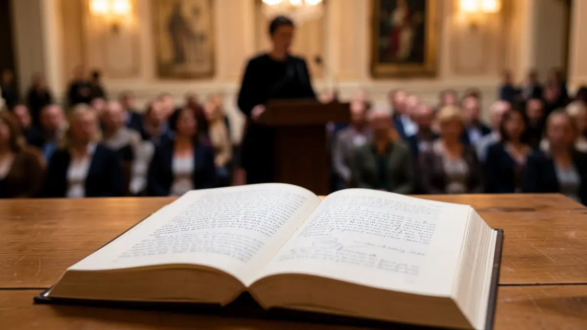Imagen genérica de un libro abierto y una persona hablando en un atril.