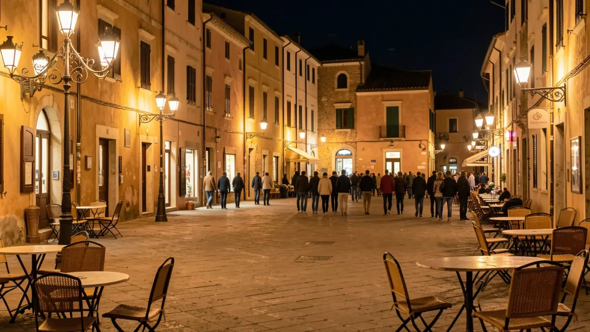 Imatge genèrica d'una plaça de poble mediterrani il·luminada de nit.
