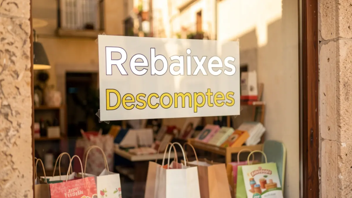 Imatge genèrica d'un aparador amb cartells de rebaixes en valencià.