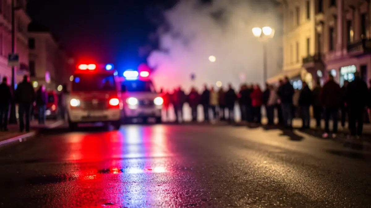 Generic image of emergency lights reflecting on wet asphalt.