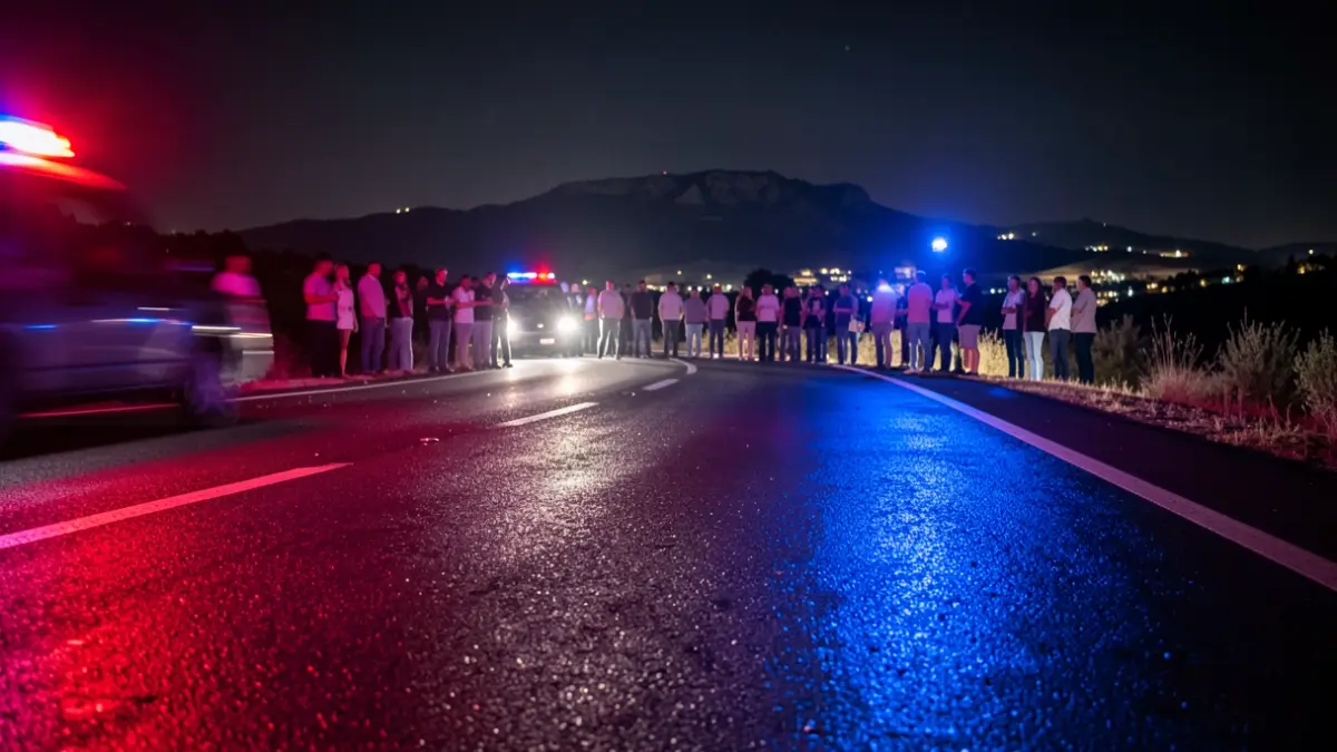 Generic image of emergency lights reflected on a wet road at night.